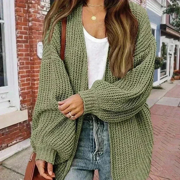 Army Green Casual Women's Solid Drop Shoulder Open Front Cardigan - Picture 1 of 8